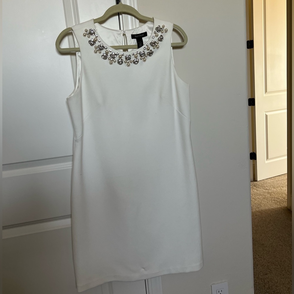 White House Black Market White dress with rhinestone trim